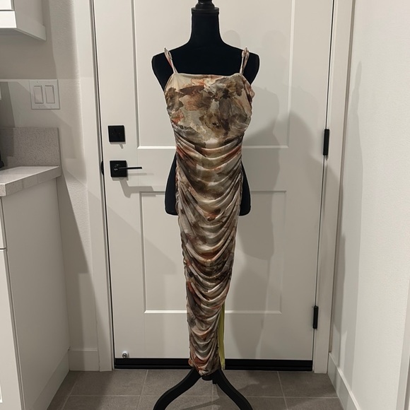 privy Dresses & Skirts - Gold Maxi Bodycon Dress with Ruched Details and Spaghetti Straps for Cocktail